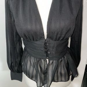 Black woven striped peplum top with button